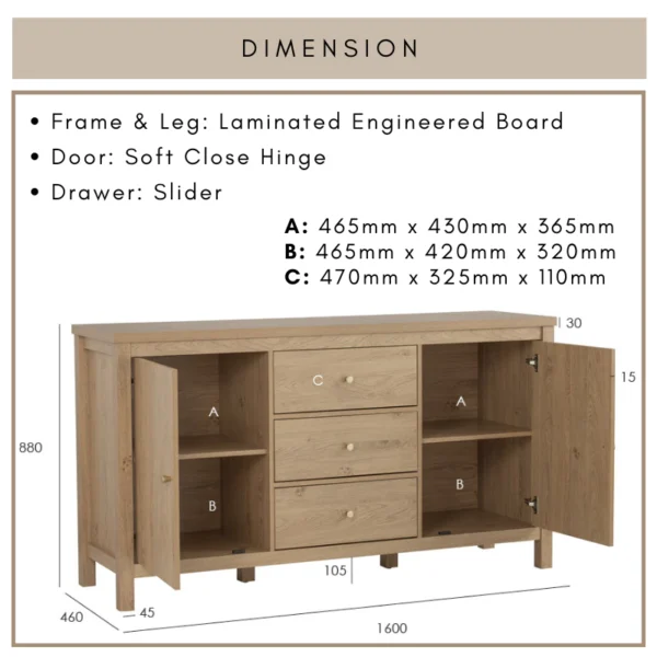 RHODES Sideboard With Drawer L160cm W46cm H88cm