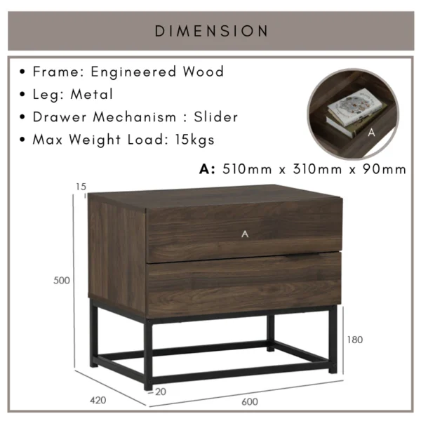 CAPRI Side Table With Drawer L60cm W42cm H50cm