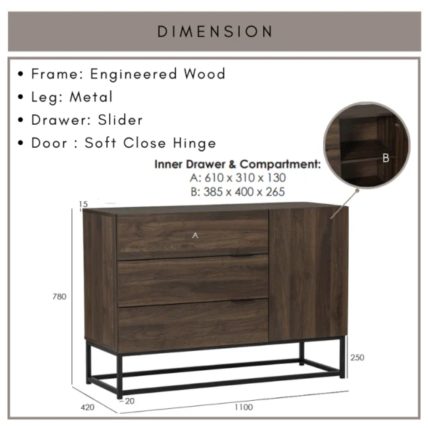 CAPRI Sideboard With Drawer L110cm W42cm H78cm