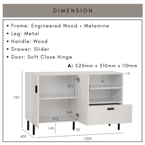 KOTKA Sideboard With Drawer L120cm W40cm H75cm