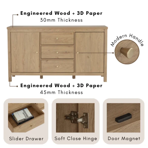 RHODES Sideboard With Drawer L160cm W46cm H88cm