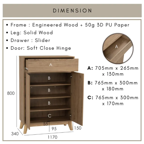 HIRADO Shoe Cabinet With Drawer L80cm W34cm H117cm