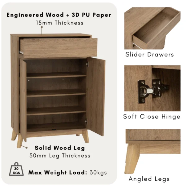 HIRADO Shoe Cabinet With Drawer L80cm W34cm H117cm