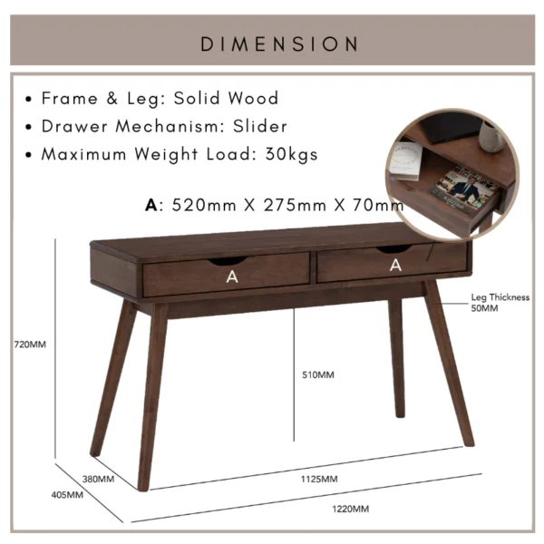LAMAR Solid Console Table With Drawer L122cm W40.5cm H72cm