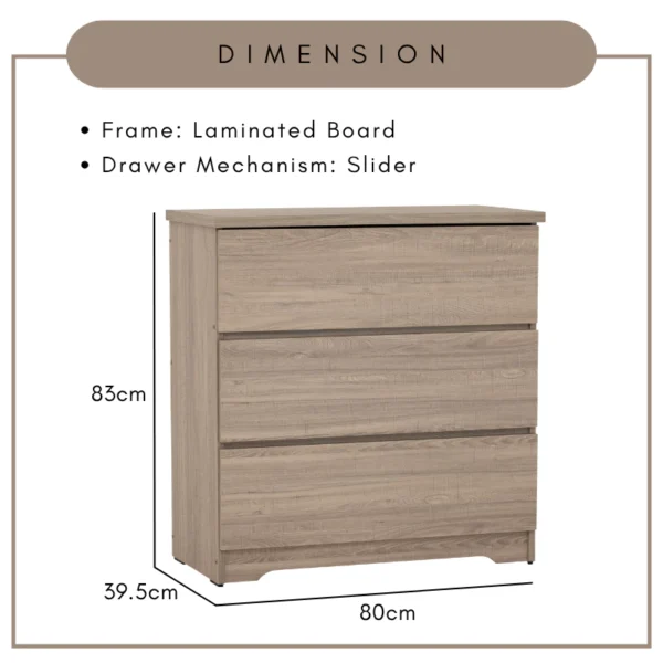 DUBLIN 3 Drawer Dresser L80cm W39.5cm H83cm